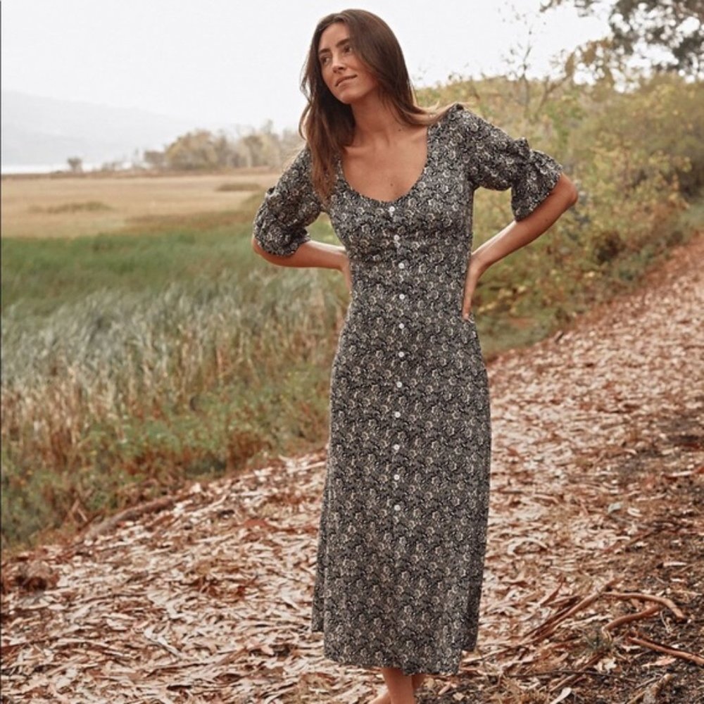 Christy Dawn Charcoal and White Patterned Midi Dress